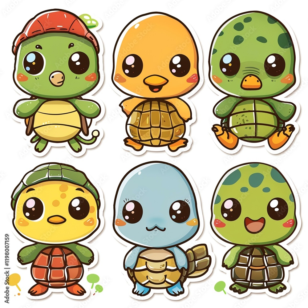 Obraz premium Cute cartoon turtles and ducklings sticker set, playful design, white background, for children's products