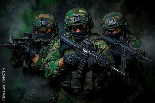 Three soldiers in camouflage uniforms with assault rifles ready for action