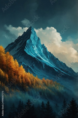 Mountain peaks rise above vibrant autumn forest
