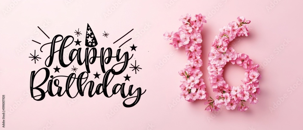 Naklejka premium Happy 16th Birthday Floral Arrangement: Pink Flowers Number Sixteen