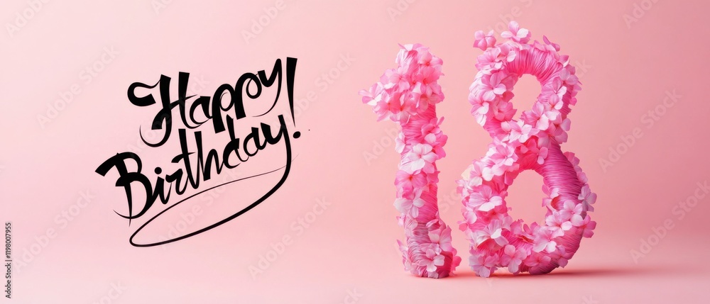 Naklejka premium Happy 18th Birthday Floral Number Design, Pink Flower Celebration