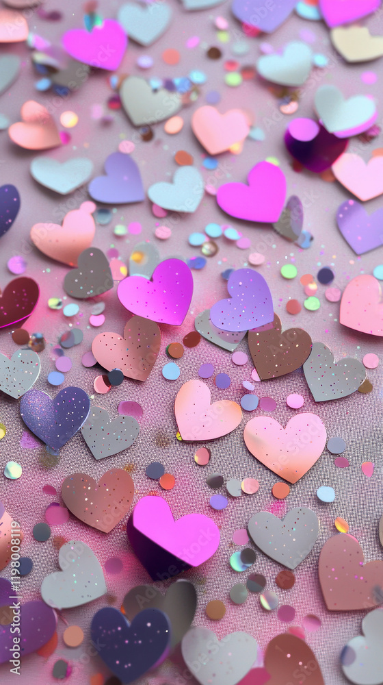 Obraz premium Valentine's Day background with heart-shaped confetti in pink, purple, and silver