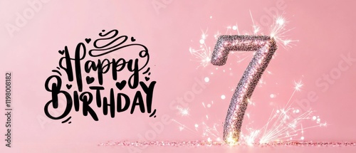 Sparkling Glitter Number Seven Birthday Card with Happy Birthday Text