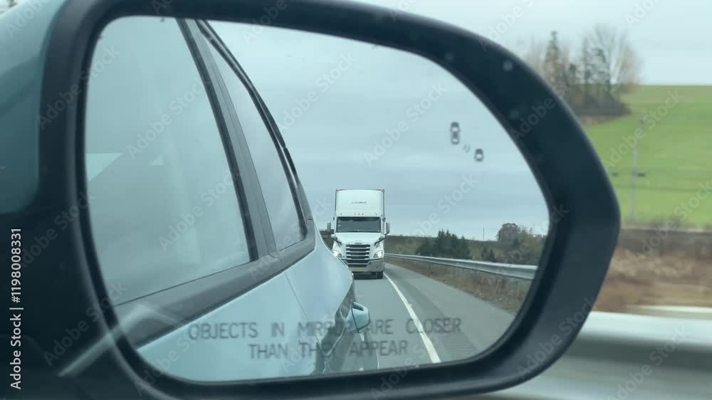 A Rear-Facing POV Through The Rearview Mirror Shows An American Semi Truck Moving Swiftly Down A Country Highway. The Vast Countryside Provides A Beautiful Backdrop For The Journey. A Rear-Facing POV Through The Rearview Mirror Shows An American Semi Truck Moving Swiftly Down A Country Highway. The Vast Countryside Provides A Beautiful Backdrop For The Journey.