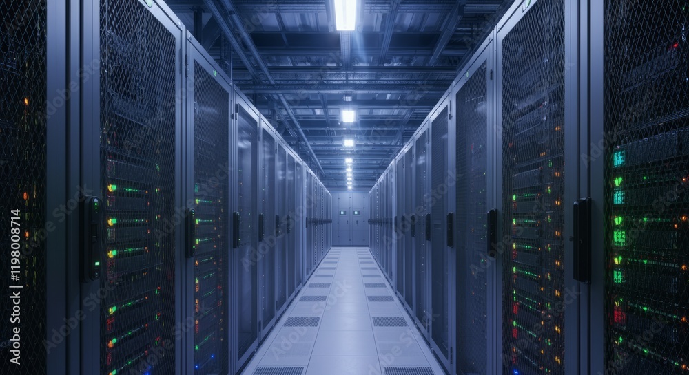 Long hallway with many computer servers Long hallway with many computer servers