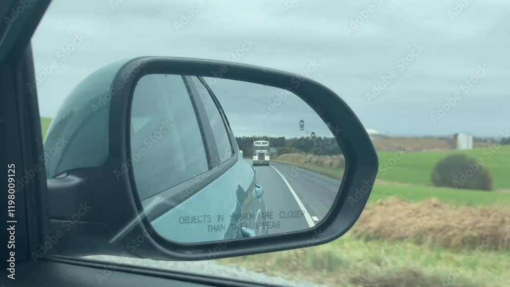 A Rearview Mirror POV Captures An American Semi Truck On A Highway With Scenic Rural Views. The Truck Speeds Through A Peaceful Landscape, Offering A Thrilling Driving Experience.