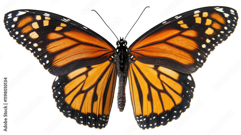 Fototapeta premium Monarch Butterfly in Mid-Flight with Glowing Wings on Transparent Background. Monarch Butterfly PNG