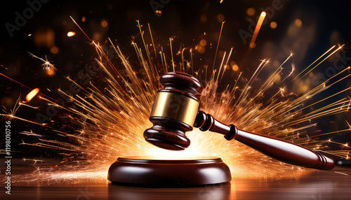 A close-up of a legal hammer striking, creating an explosion of sparks, symbolizing impactful justice, legal power, and decisive action in the courtroom.
