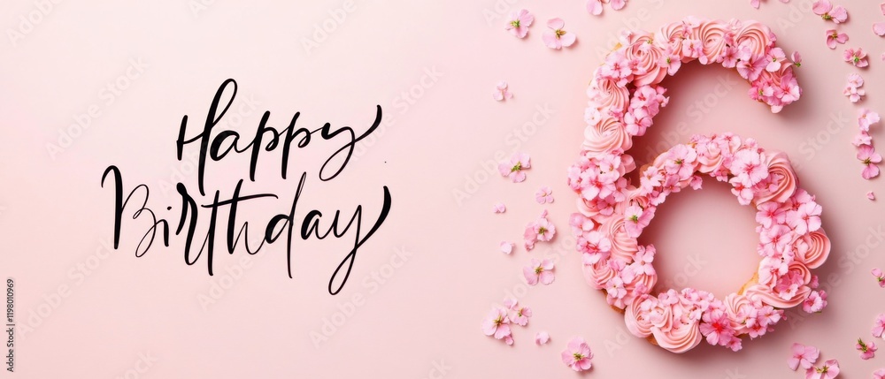 Naklejka premium Happy 6th Birthday Cake Number Shaped with Pink Flowers and Frosting