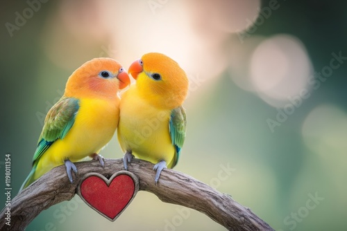 A pair of lovebirds sitting on a tree branch, with a heart carved into the tree trunk below them