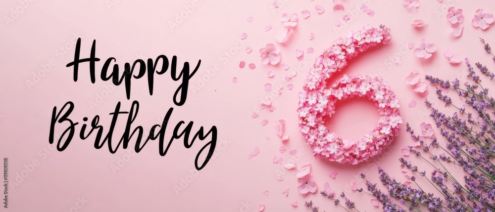 Naklejka premium Happy 6th Birthday Floral Arrangement: Pink Flowers and Lavender Design