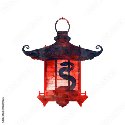 abstract silhouette of red lantern with snake inside vector illustration in watercolor style