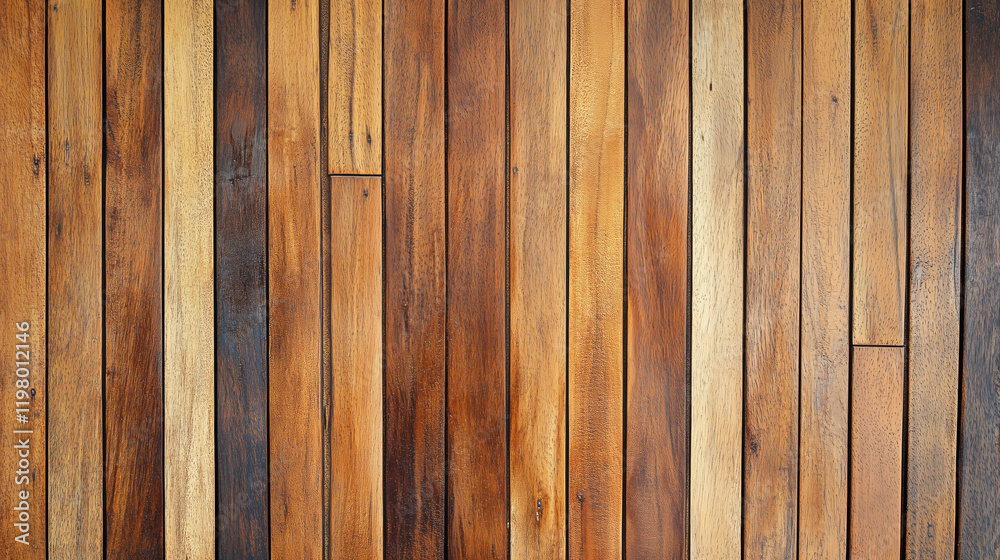 Fototapeta premium Polished Teak Wood Plank Texture with Straight Grain Lines, Golden-Brown Hues, and Lightly Oiled Surface for Luxurious Tropical Feel