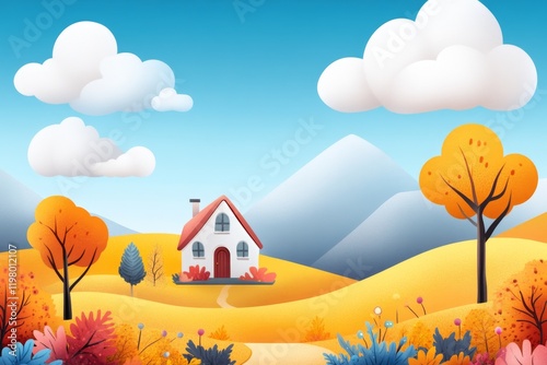 A pixel art wallpaper of a serene countryside scene with rolling hills, a small house, and animated clouds drifting by, all in bright, cheerful colors photo