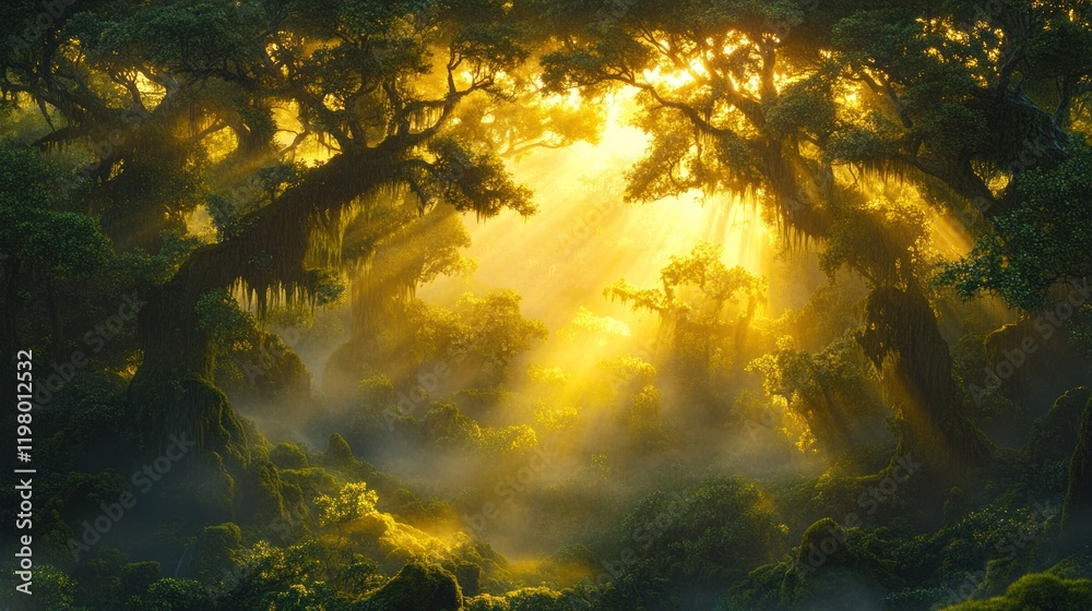 Obraz premium Sunlight filters through dense trees in a mystical forest during early morning hours. Generative AI