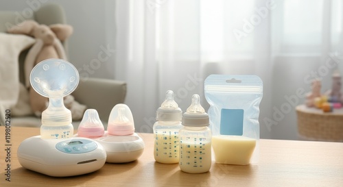 Breast pump with accessories and baby bottles on wooden table in cozy nursery