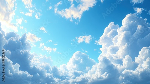 Vibrant blue sky filled with fluffy white clouds during a sunny day. Generative AI