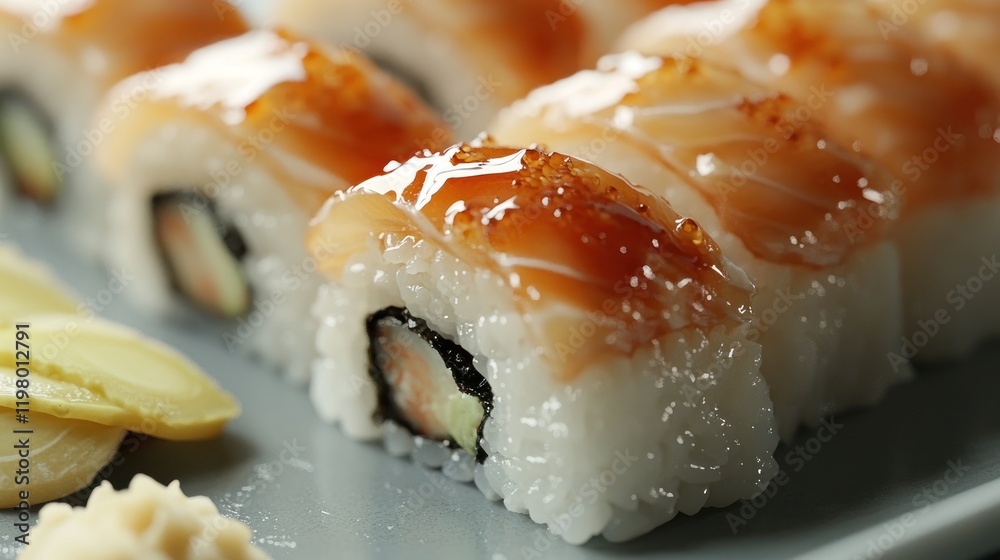 Delicious sushi rolls topped with fresh salmon and a glossy glaze on a plate. Generative AI Delicious sushi rolls topped with fresh salmon and a glossy glaze on a plate. Generative AI