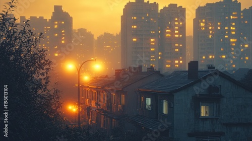 Evening lights illuminate buildings in a cityscape at dusk with warm glow in the sky. Generative AI