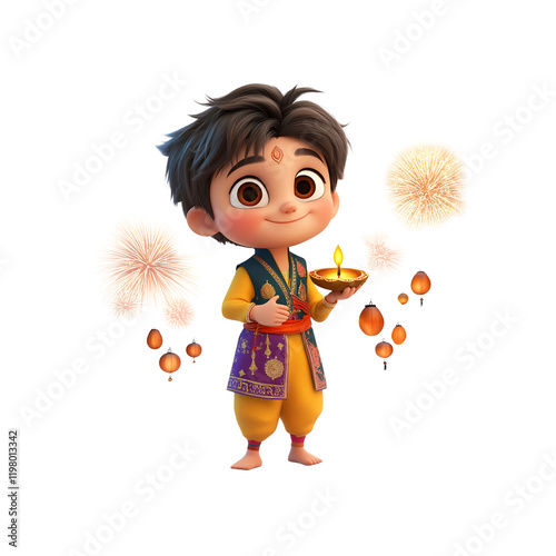 Adorable Animated Boy Celebrating Diwali with Fireworks and Lanterns
