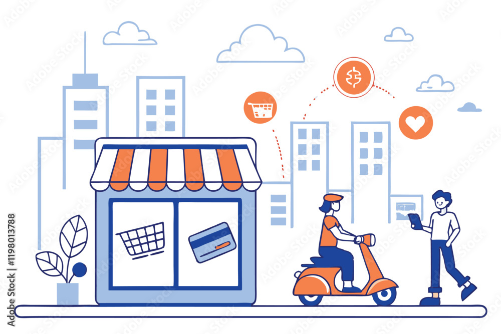 Naklejka premium Online shopping, e-commerce platform, laptop storefront, digital marketplace, city skyline background, tiny people shopping, delivery scooter, floating icons, credit card payment, shopping cart, cloud