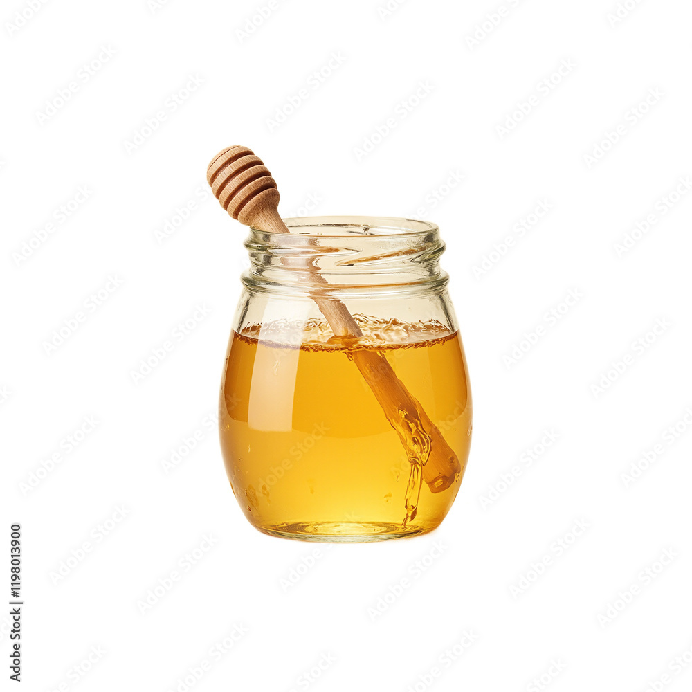 Sweet honey in a classic jar with a wooden dipper Sweet honey in a classic jar with a wooden dipper
