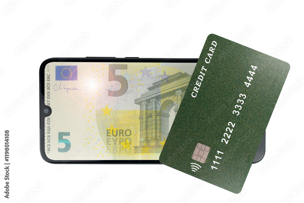 Green plastic credit card lies on a 5 euro banknote on a transparent background (close-up). Online credit card payment for purchases in online stores Green plastic credit card lies on a 5 euro banknote on a transparent background (close-up). Online credit card payment for purchases in online stores