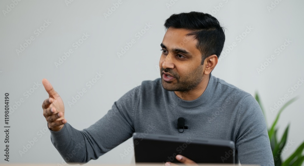 Man is holding a tablet and pointing to something Man is holding a tablet and pointing to something