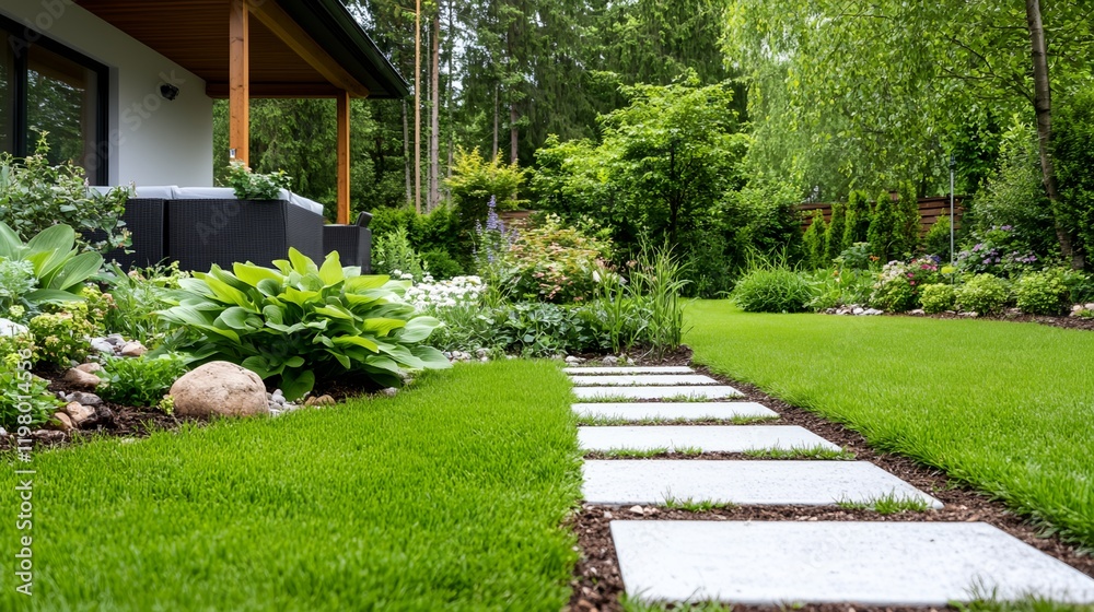 Fototapeta premium Walkway is in front of a house with a patio