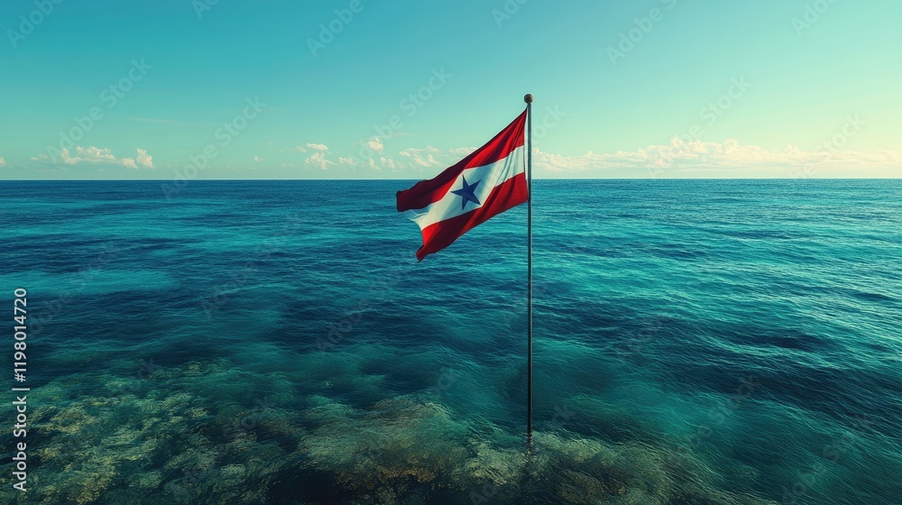Fototapeta premium A serene capture of Cuba flag floating gently in front of a clear, deep blue sea