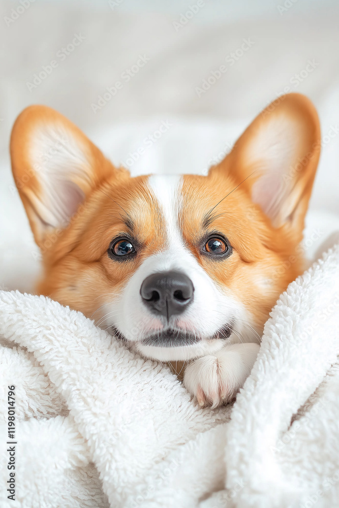 A small dog is laying on a white blanket with its head on the blanket A small dog is laying on a white blanket with its head on the blanket