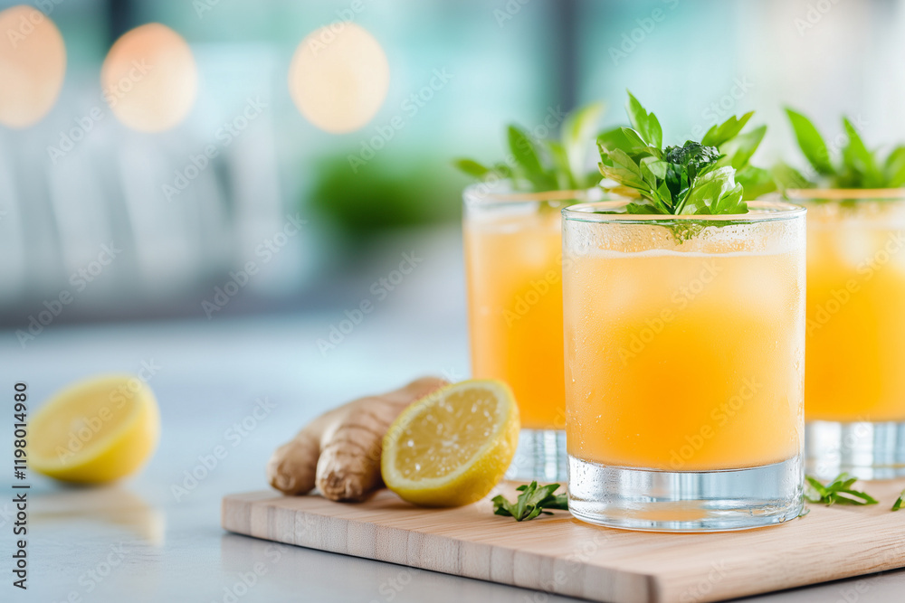 Fototapeta premium Three glasses of a yellow drink with a lemon slice on top