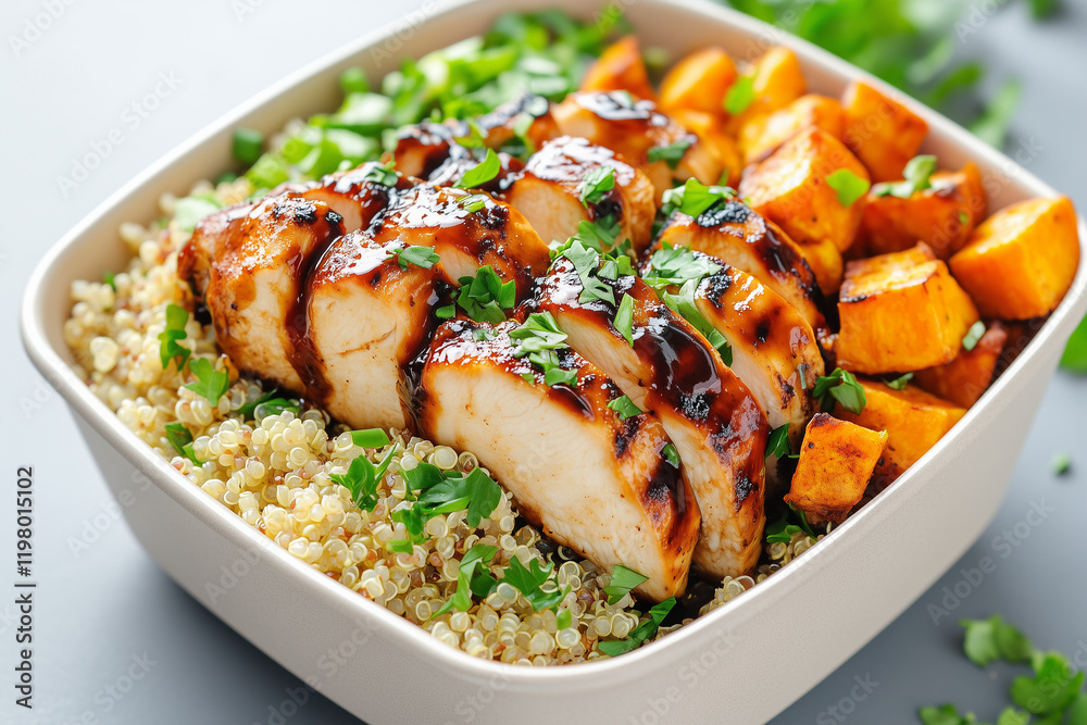 A bowl of food with chicken and vegetables A bowl of food with chicken and vegetables