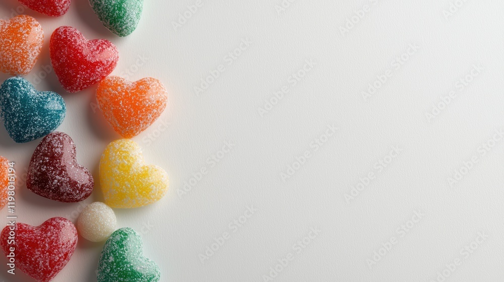 Colorful Heart-Shaped Gummies on a White Surface for Sweet Treats Colorful Heart-Shaped Gummies on a White Surface for Sweet Treats