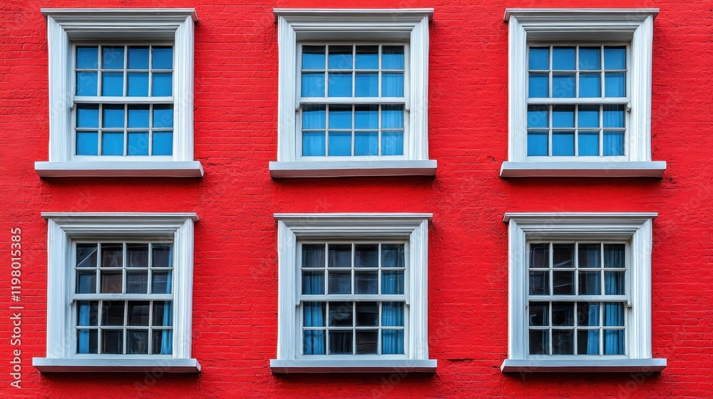 Fototapeta premium Vibrant red wall with six white-framed windows showcasing a modern urban aesthetic