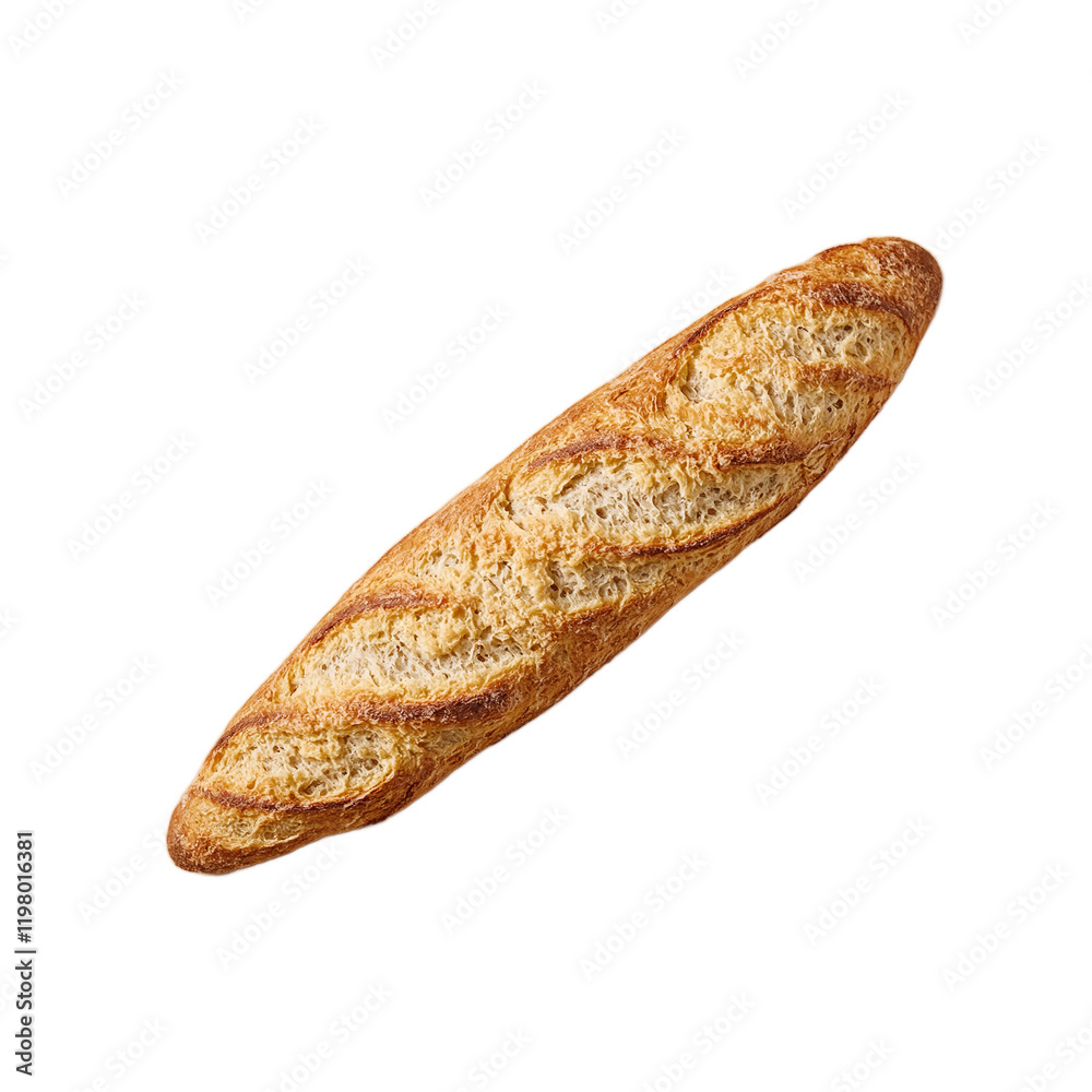 Freshly baked golden baguette on tan surface Freshly baked golden baguette on tan surface