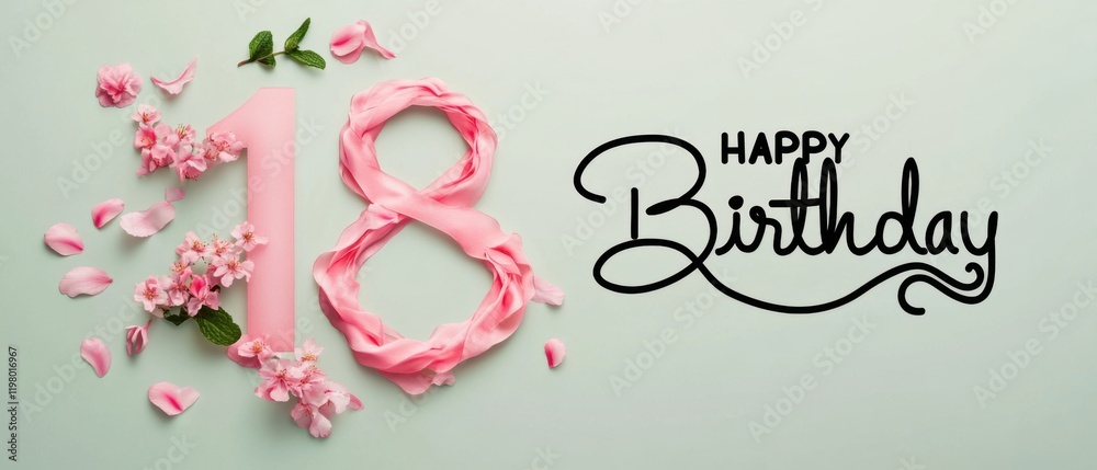 Naklejka premium Elegant 18th Birthday Celebration with Pink Flowers and Silk Ribbon