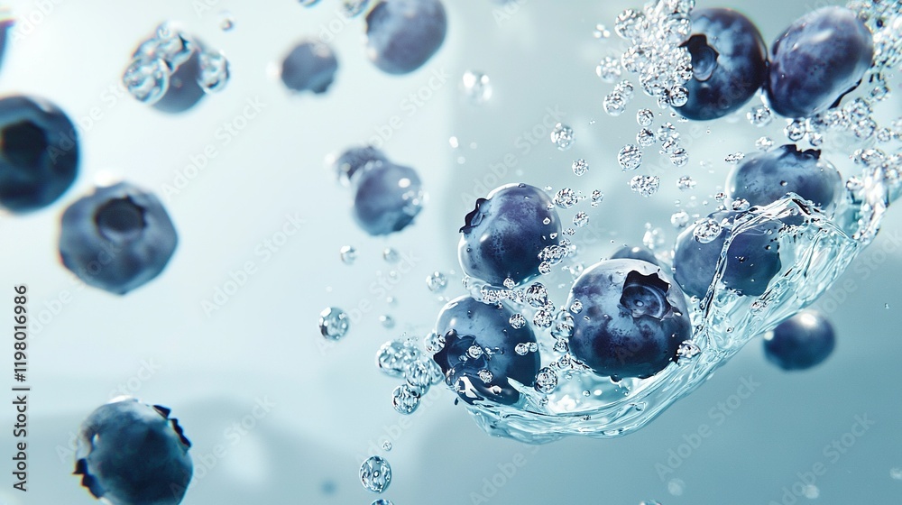 A cluster of blueberries bobbing in a cerulean sea of water droplets on an ethereal light blue backdrop A cluster of blueberries bobbing in a cerulean sea of water droplets on an ethereal light blue backdrop