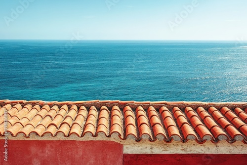 Red tiled roof overlooking a vast, tranquil blue sea under a clear sky. photo