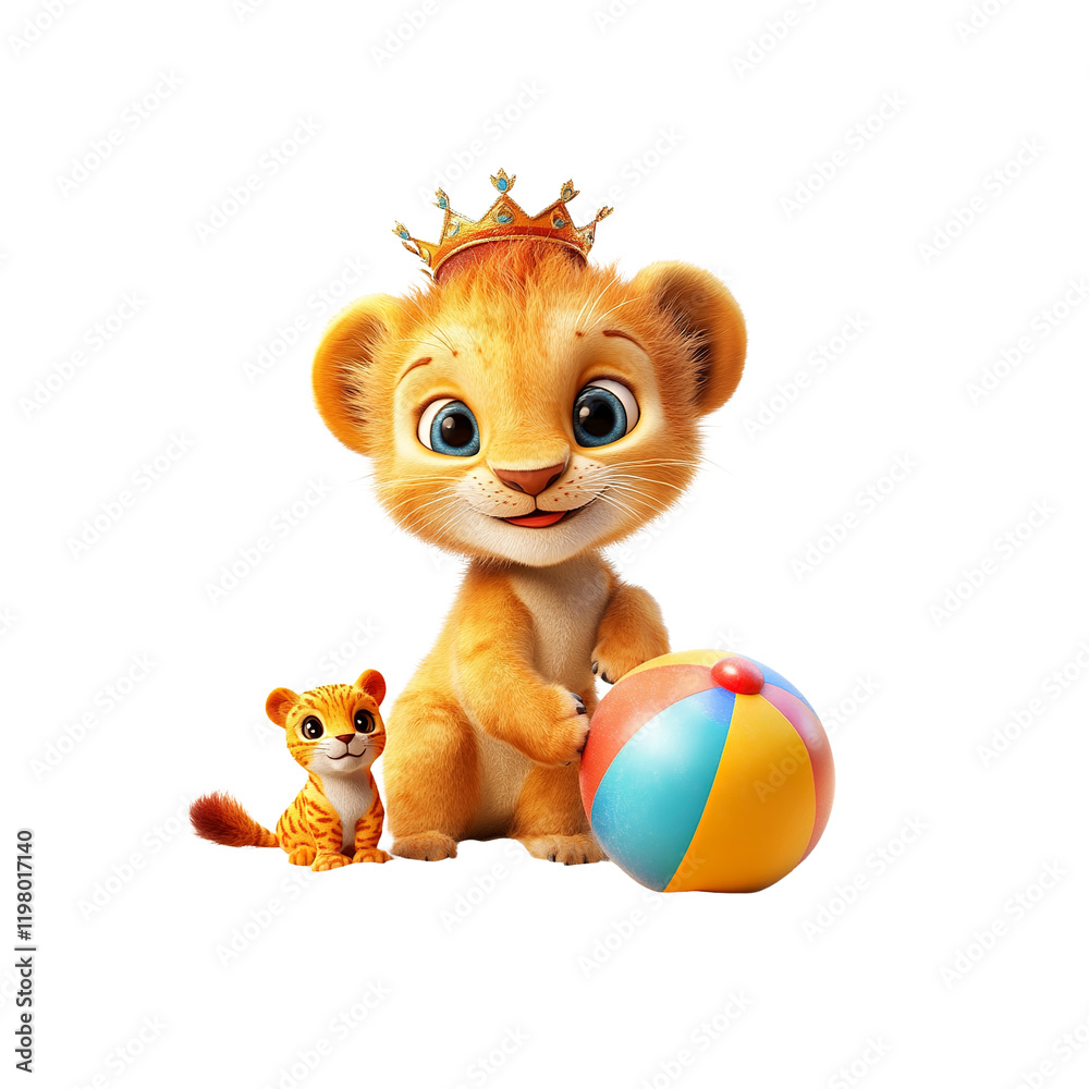 Adorable Lion Cub King with Beach Ball and Little Friend Adorable Lion Cub King with Beach Ball and Little Friend