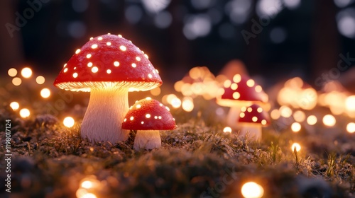 A whimsical enchanted forest filled with glowing mushrooms, sparkling snowflakes and tiny fairies. photo