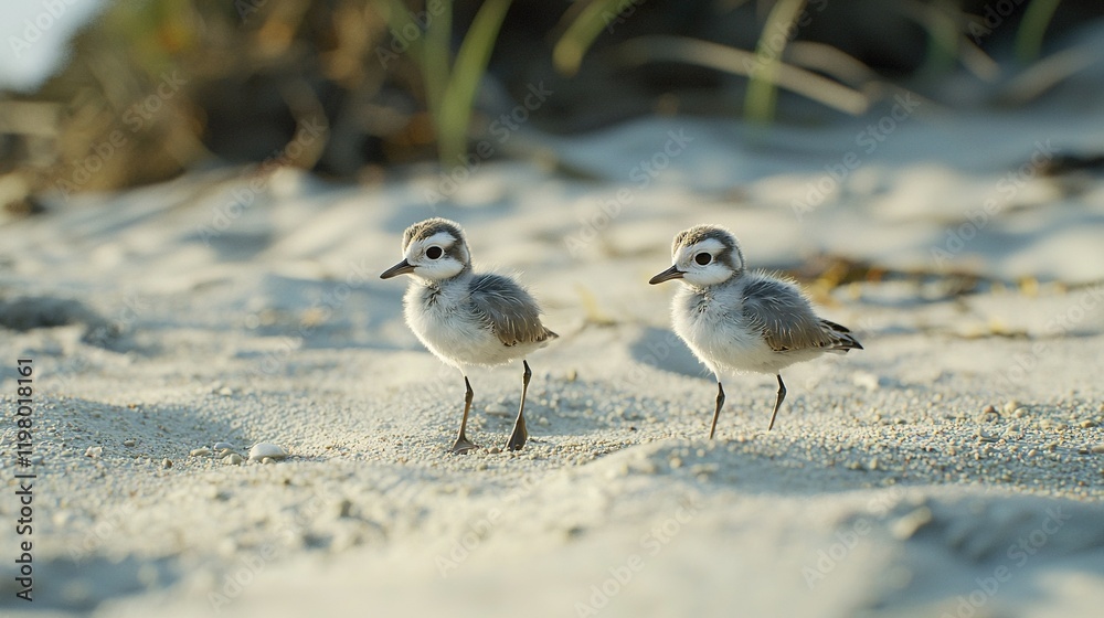 Small birds perched on beach sand near grassy shoreline Small birds perched on beach sand near grassy shoreline