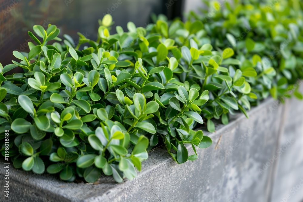 Vibrant boxwood shrubs thriving in a modern concrete planter, adding a touch of nature to an urban setting