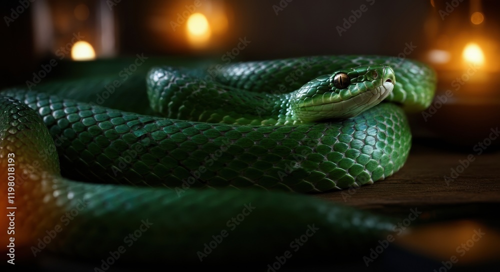 Fototapeta premium Green snake coiled elegantly, showcasing its vibrant scales and serene expression