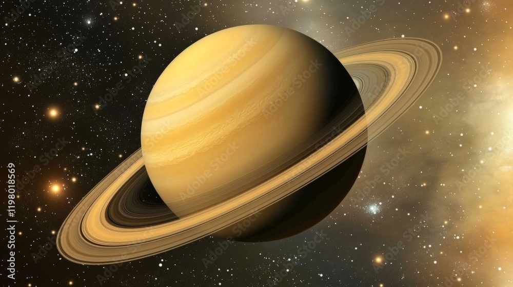 A yellow planet with a ring around it is in the sky. The planet is the size of a small ball and is surrounded by a ring of stars A yellow planet with a ring around it is in the sky. The planet is the size of a small ball and is surrounded by a ring of stars