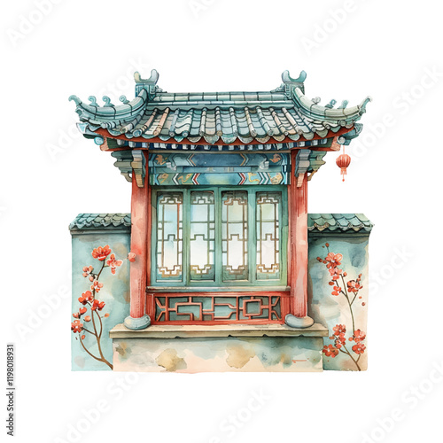 chinese traditional window art vector illustration in watercolor style