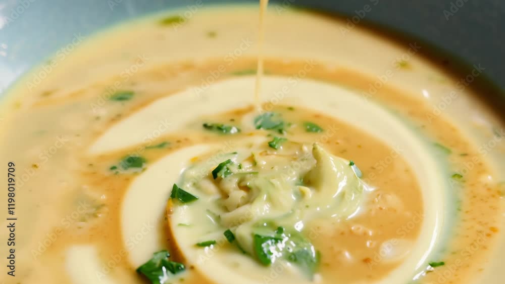 Soft diffused light, tilt down video to reveal a bowl of creamy irish potato and leek soup with a swirl of cream, croutons add a crunchy texture Soft diffused light, tilt down video to reveal a bowl of creamy irish potato and leek soup with a swirl of cream, croutons add a crunchy texture