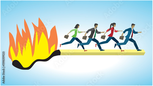 Group of people running on a burning match stick. Dimension 16:9. Vector illustration.