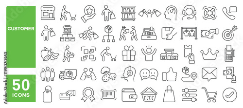 Set of 50 line icons related to customer, shopping, buy, purchase, satisfaction, services, product, payment, client, Editable stroke. Vector illustration