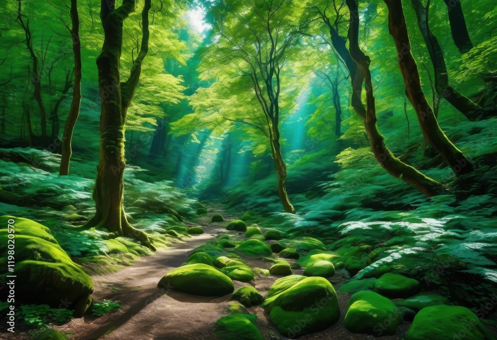 Obraz premium majestic forest landscape bathed natural light highlighting lush towering serene pathways under clear sky, nature, greenery, trees, sunlight, scenery